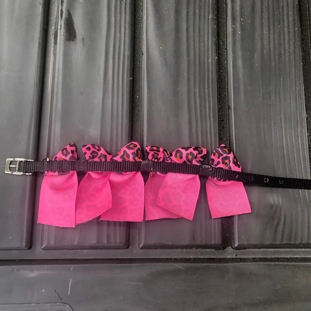 Fancy Pink Leopard Bows Black Dog Collar S
